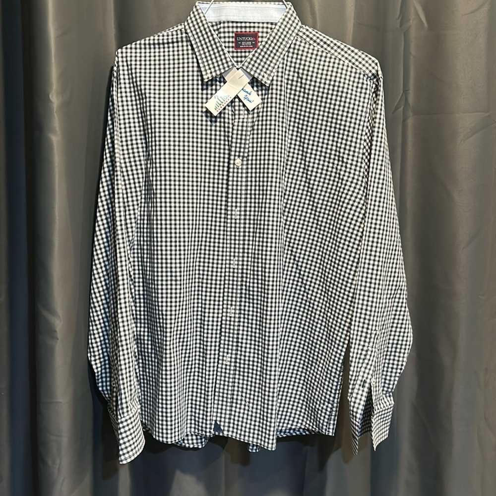 UNTUCKit Navy Blue Gingham Plaid Wrinkle Free Shirt XXL 2XL